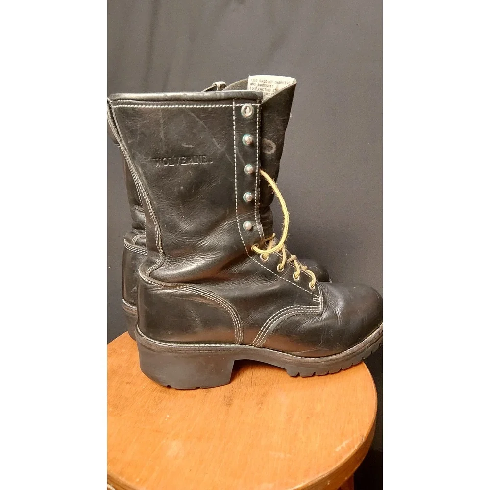 Vintage Wolverine 10in Logger Boots Mens 10.5 E Wide Black Leather Korea 80s 90s